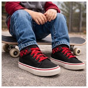 Vans 106 Mid Checkerboard Black Red Kids Size 13 With Box – Very Good Condition